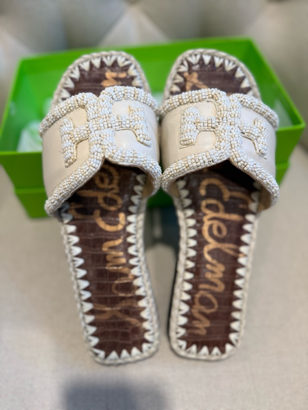 Sam Edelman Beaded White Slide Sandals, Size 8